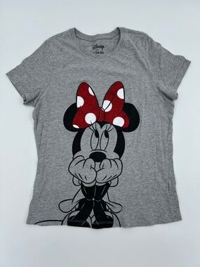Disney Girls Gray Tee with Minnie Mouse Red Glitter Polka Dot Bow 14-16 XL